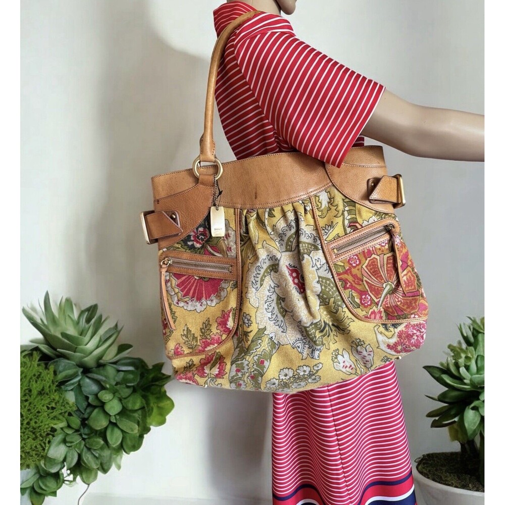 Vintage DKNY Crossbody Large Purse Summer Floral Linen Leather